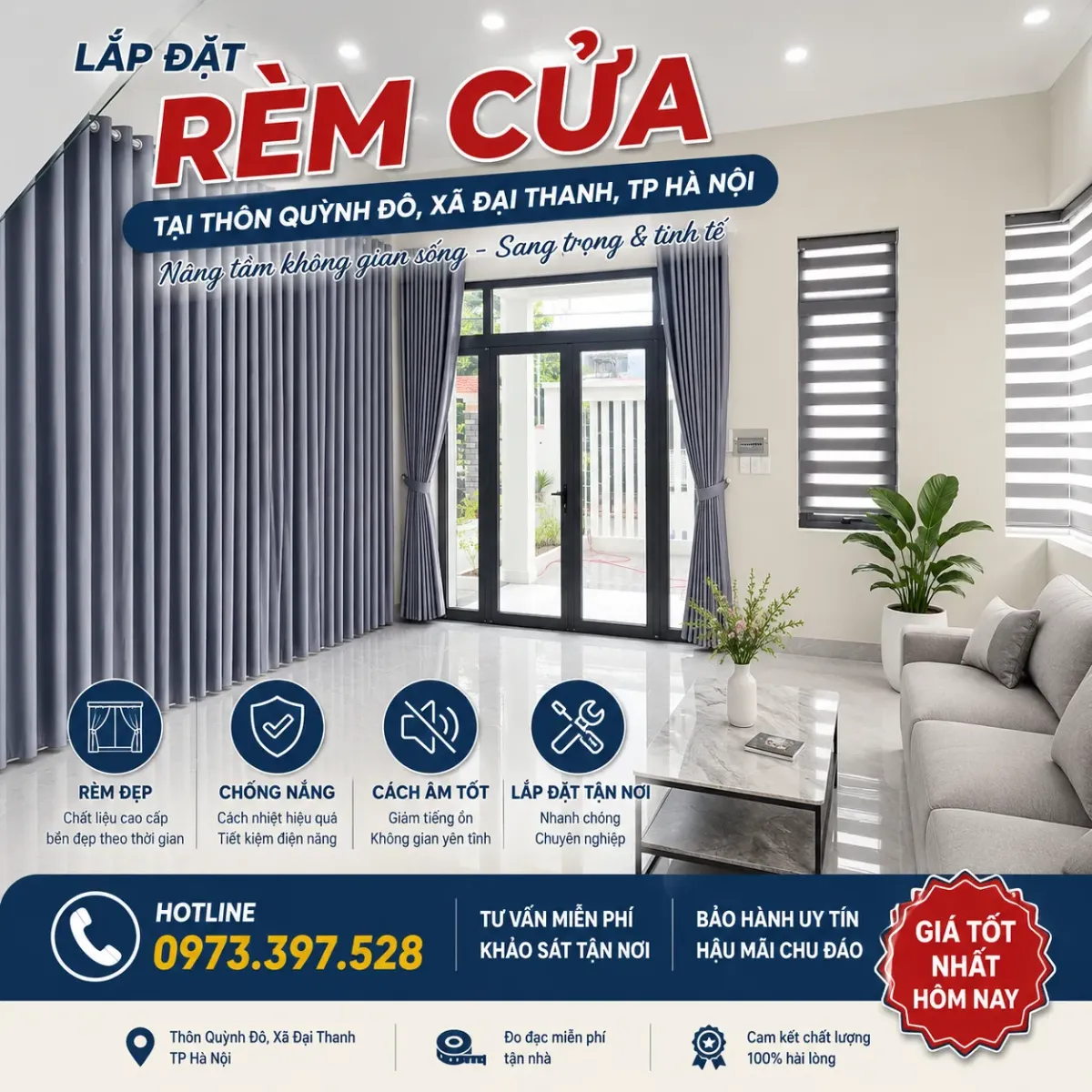 Lắp đặt rèm cửa tại thôn Quỳnh Đô xã Đại Thanh TP Hà Nội
