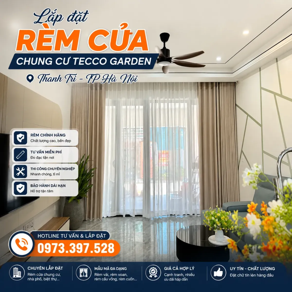 Lắp đặt rèm cửa chung cư Tecco Garden Thanh Trì TP Hà Nội