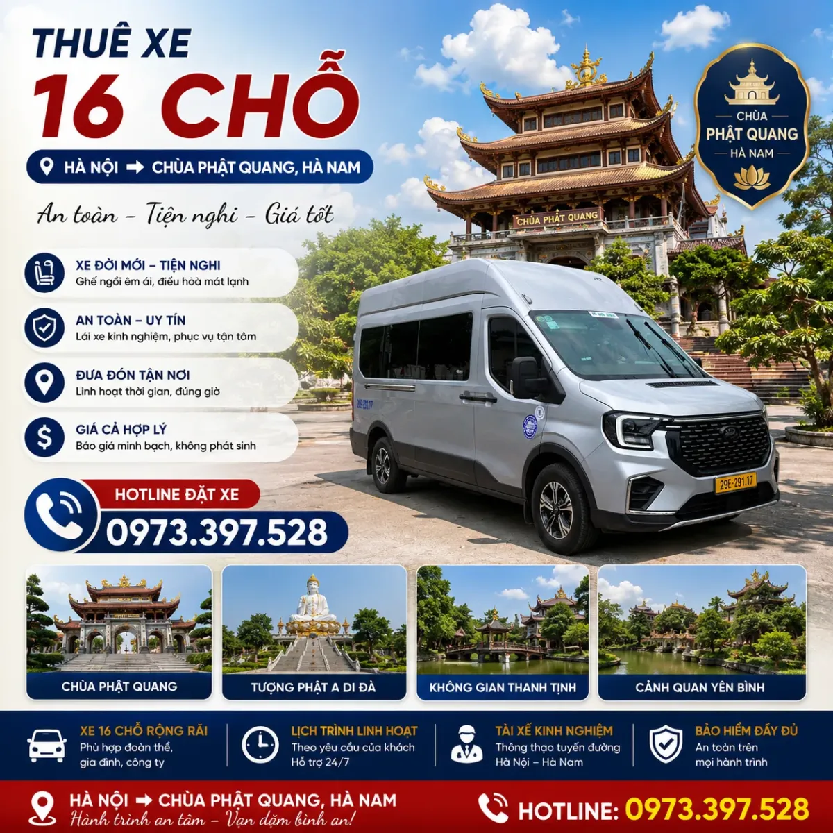 Thuê xe 16 chỗ Hà Nội đi Chùa Phật Quang, Hà Nam