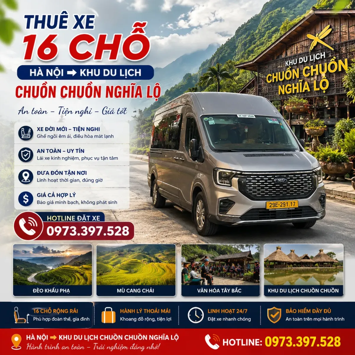 Thuê xe 16 chỗ Hà Nội đi khu du lịch Chuồn Chuồn Nghĩa Lộ