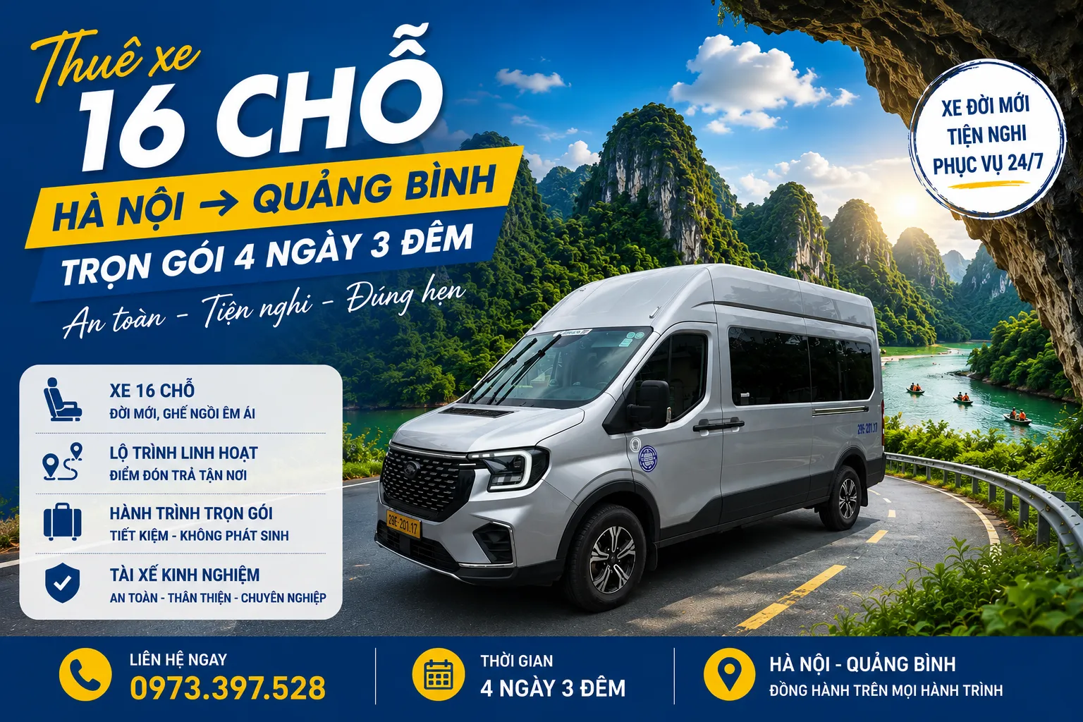 Thuê xe 16 chỗ Hà Nội đi Quảng Bình trọn gói 4 ngày 3 đêm