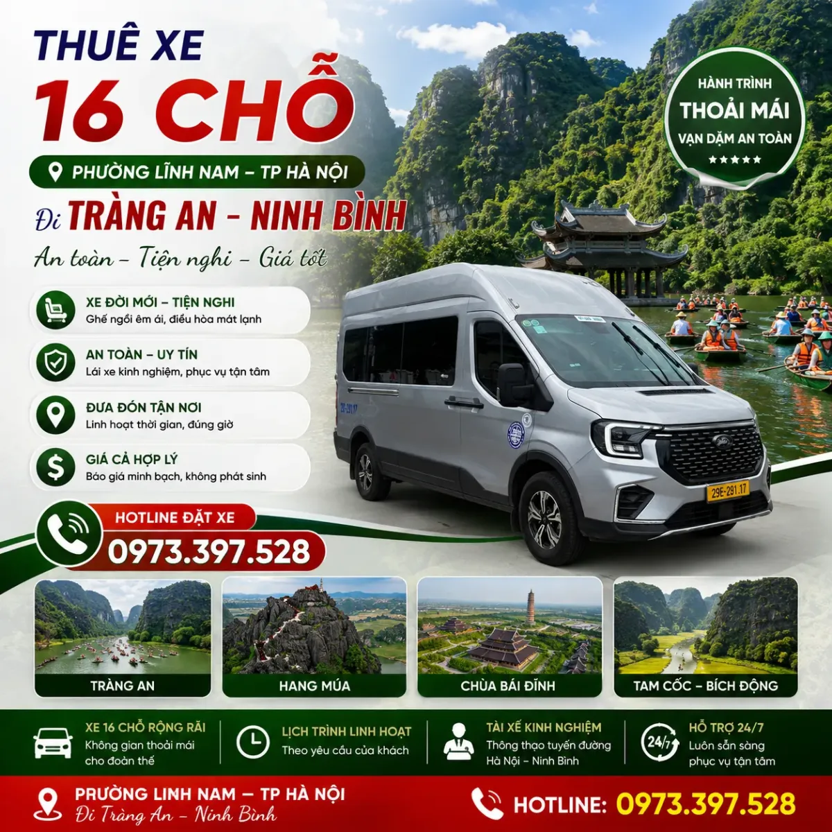 Thuê xe 16 chỗ phường Lĩnh Nam TP Hà Nội đi Tràng An Ninh Bình