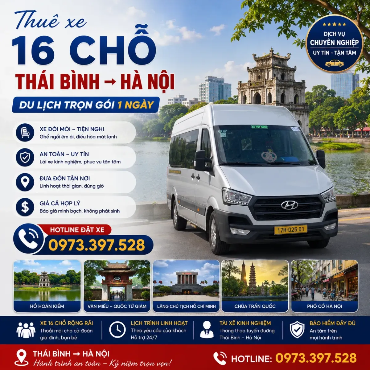 Thuê xe 16 chỗ Thái Bình đi Hà Nội du lịch trọn gói 1 ngày