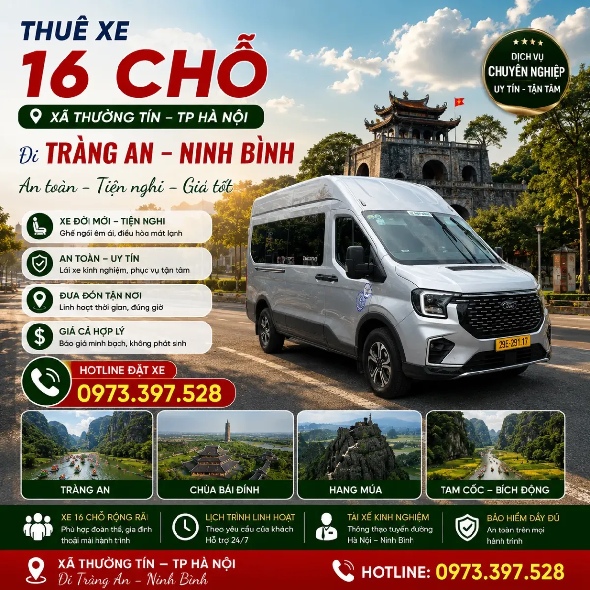 Thuê xe 16 chỗ xã Thường Tín Hà Nội đi Tràng An Ninh Bình Thuê xe 16 chỗ xã Thường Tín Hà Nội đi Tràng An Ninh Bình