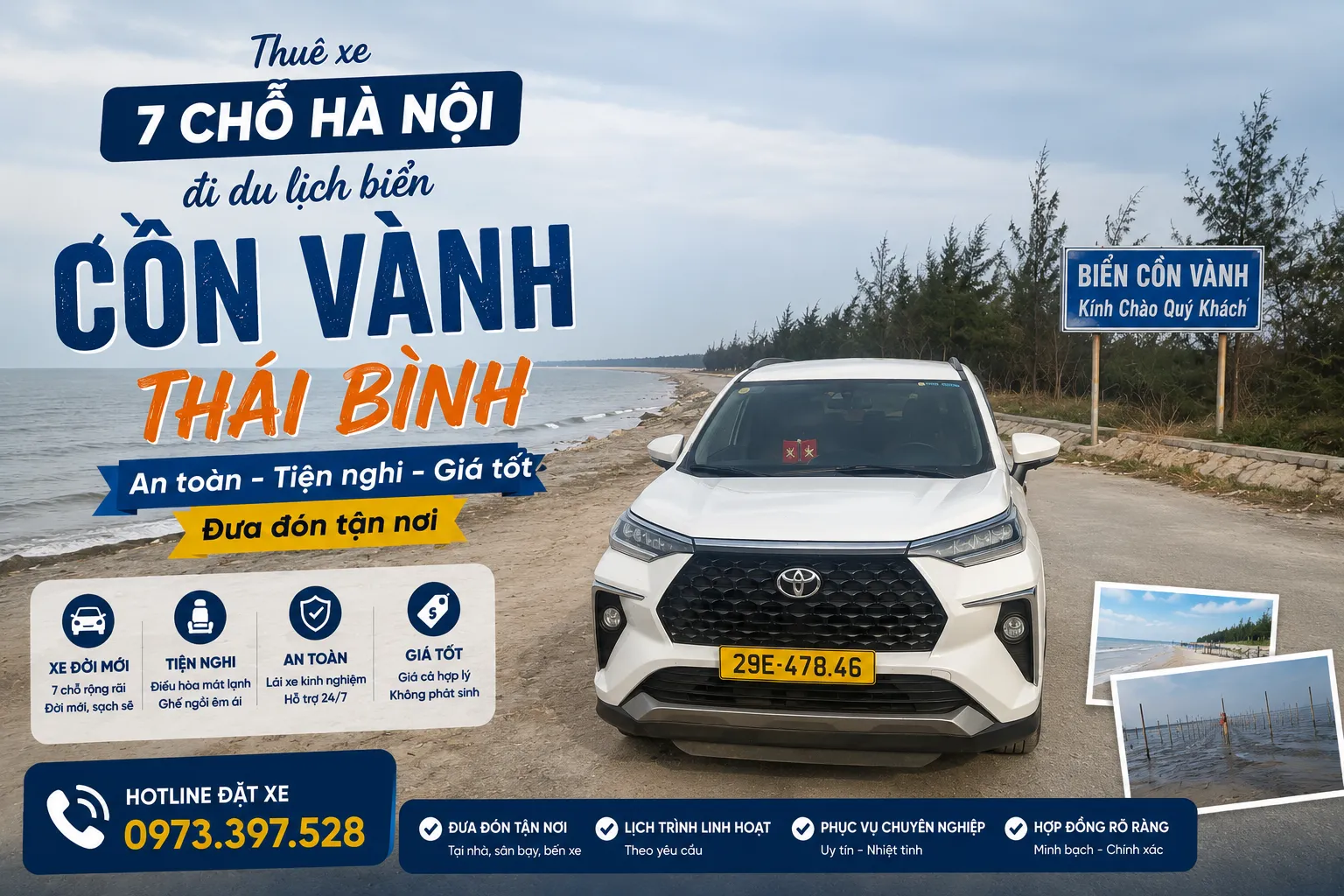 Thuê xe 7 chỗ Hà Nội đi du lịch biển Cồn Vành, Thái Bình