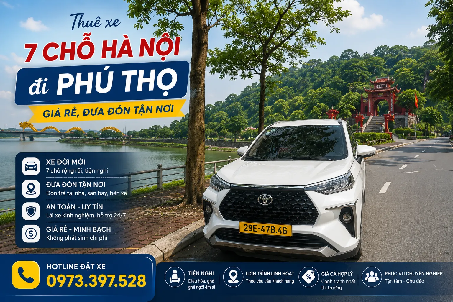 Thuê xe 7 chỗ Hà Nội đi Phú Thọ - Giá rẻ, đưa đón tận nơi