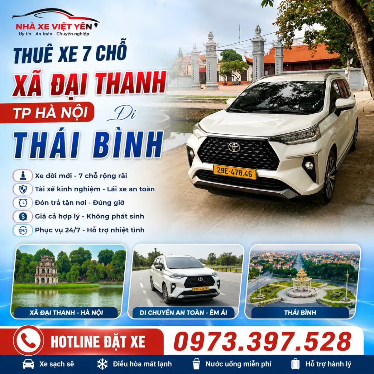 Thuê xe 7 chỗ xã Đại Thanh TP Hà Nội đi Thái Bình