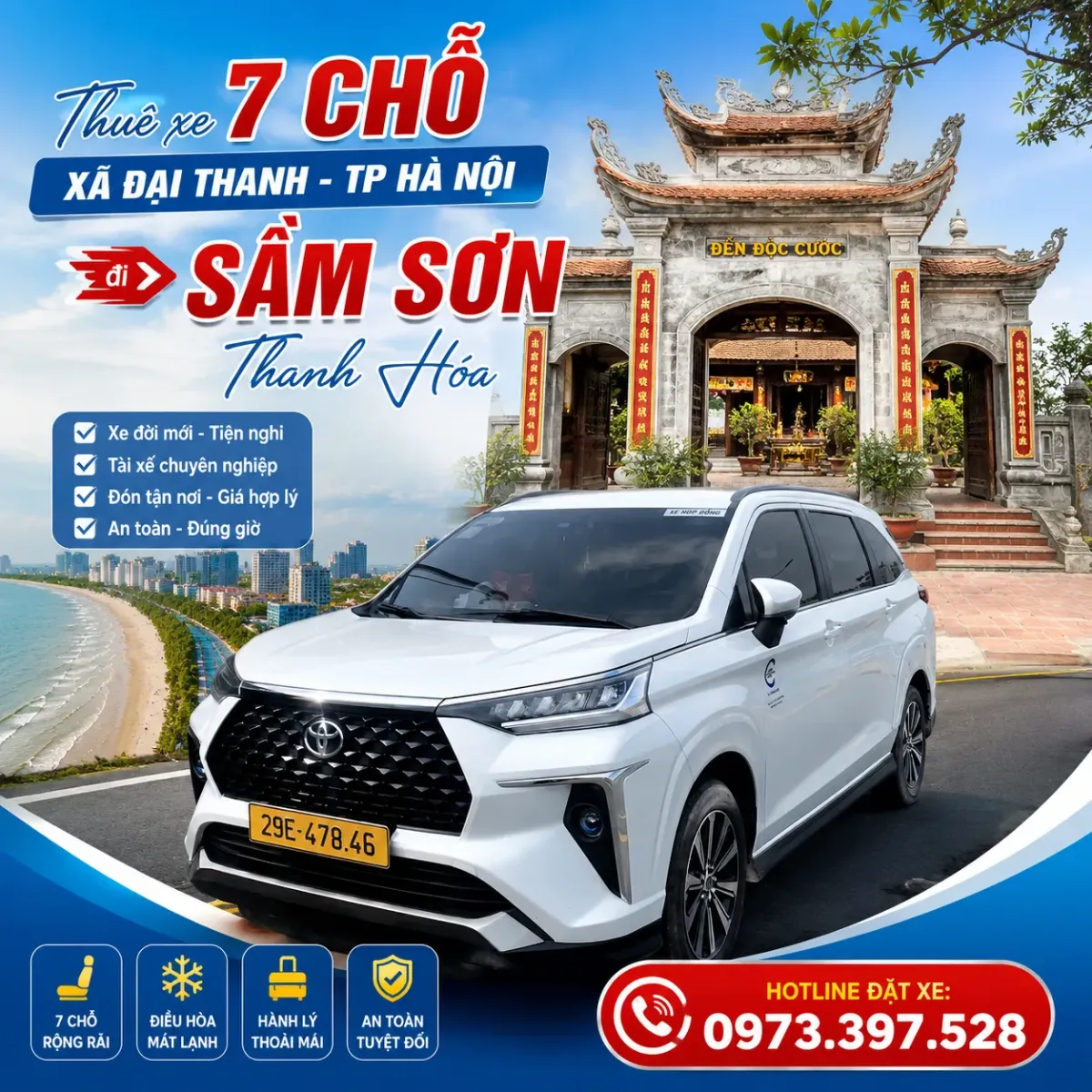 Thuê xe 7 chỗ xã Đại Thanh TP Hà Nội đi Sầm Sơn Thanh Hóa