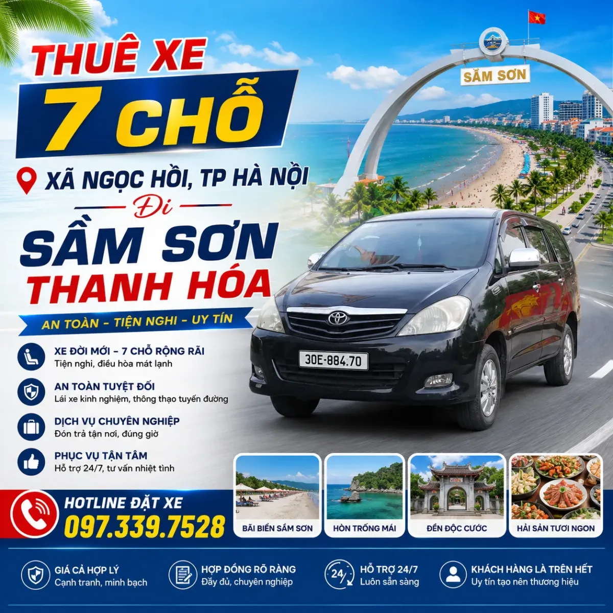Thuê xe 7 chỗ xã Ngọc Hồi TP Hà Nội đi Sầm Sơn Thanh Hóa