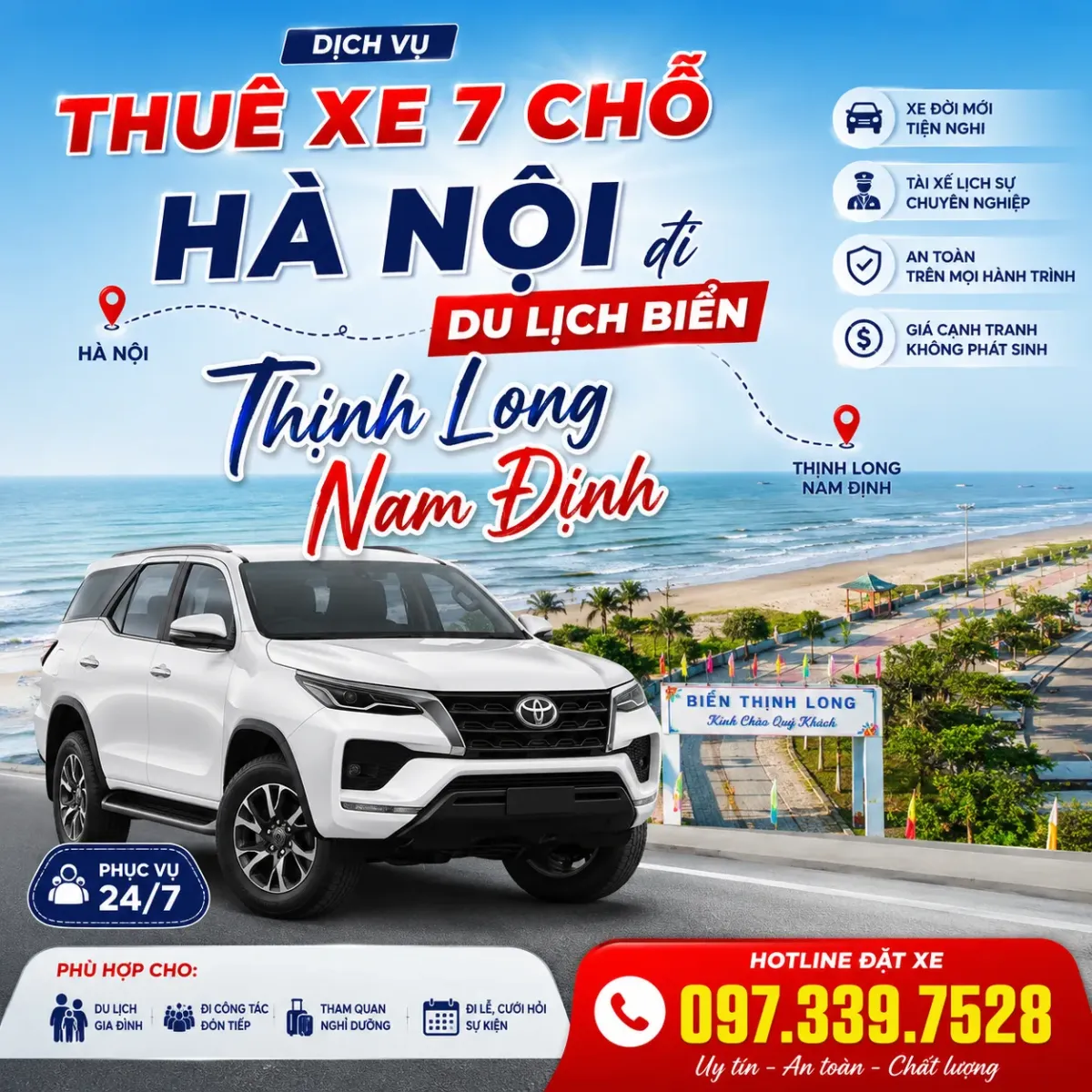 Thuê xe 7 chỗ Hà Nội đi du lịch biển Thịnh Long, Nam Định